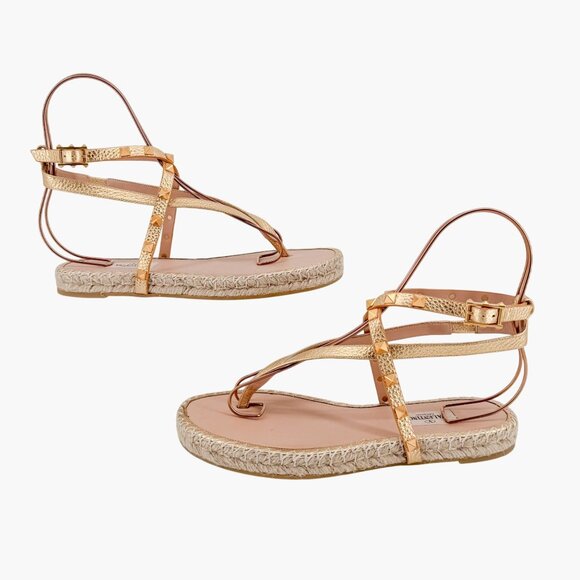 Valentino Garavani Rockstud Espadrille Thong Sandals Size 38 US 8 Gold Flat - Picture 8 of 15